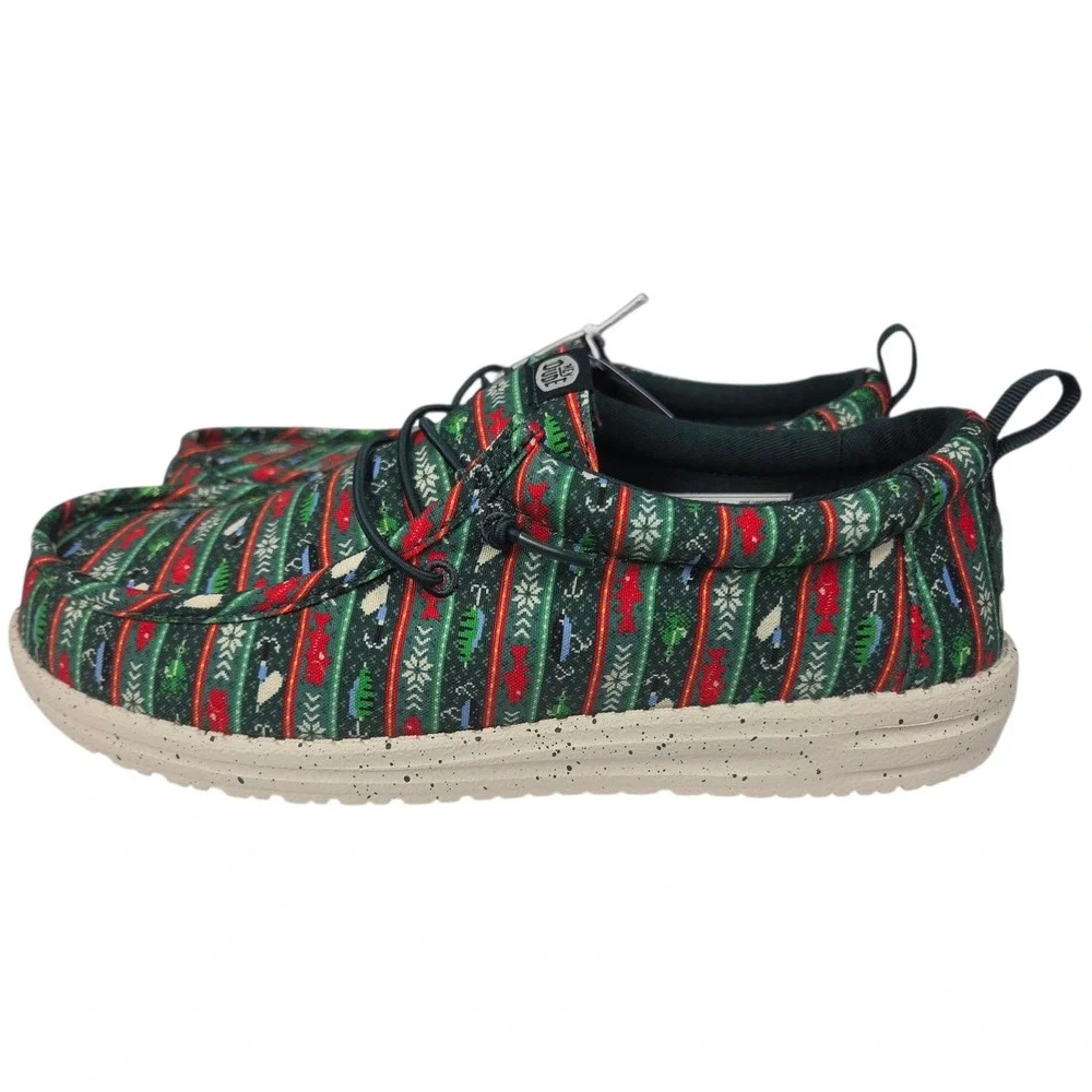 Hey Dude Wally Fishmas Sweater Shoes Mens 10 Green Christmas Slip On Loafers NWT